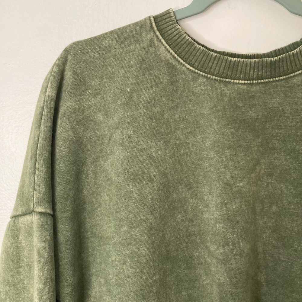 Zenana Green Mineral Wash Oversized Fleece Crew Neck Sweatshirt Pockets M Boho - Picture 3 of 11